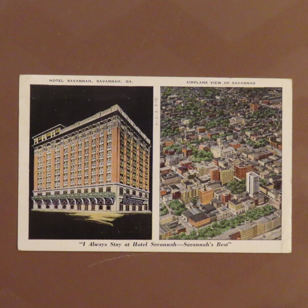 Hotel Savannah Georgia Aerial View Linen VTG Postcard 1942 1 .01 Cent Stamp